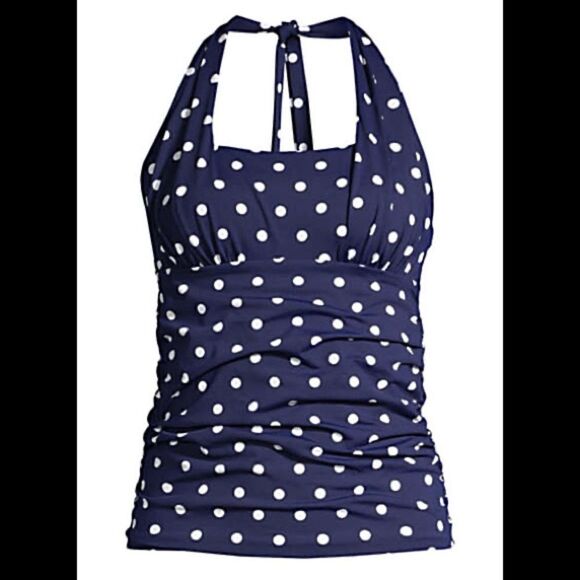 New Land’s End Plus Regular size square neck tankini halter polkadot navy Var - Picture 1 of 3